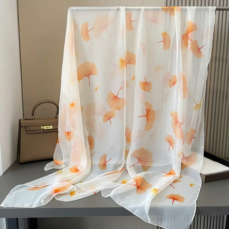 Ginkgo Leaf Silk-Like Sheer Scarf